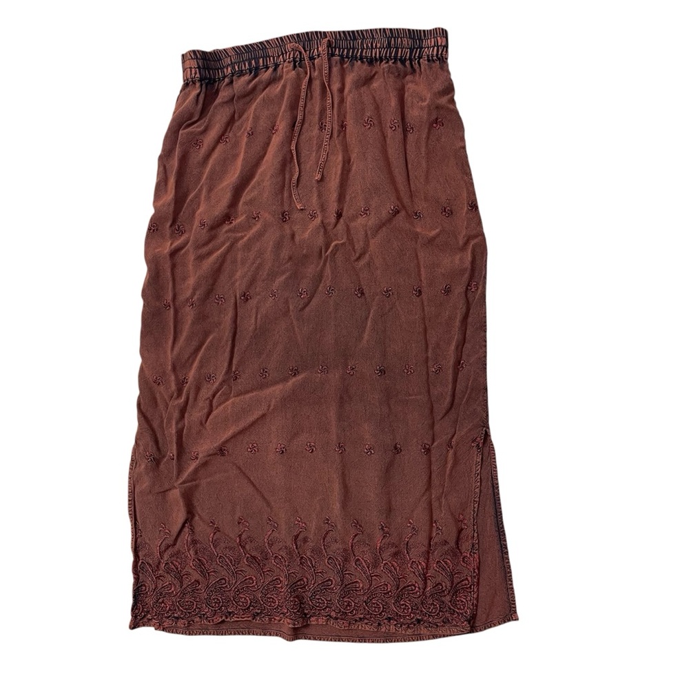 MPH Embroidered Floral Midi Skirt Whimsy Boho Fairycore Rust Small Lagenlook